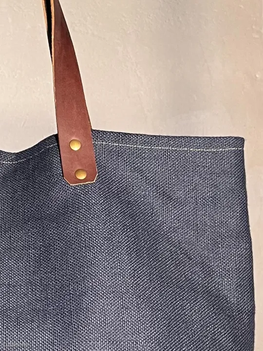 navy linen tote bag closure handle