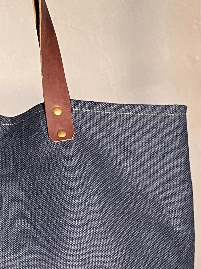 navy linen tote bag closure handle