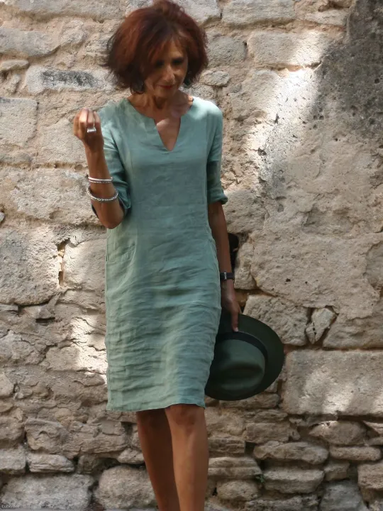 robe-lin-vert-manche-3/4