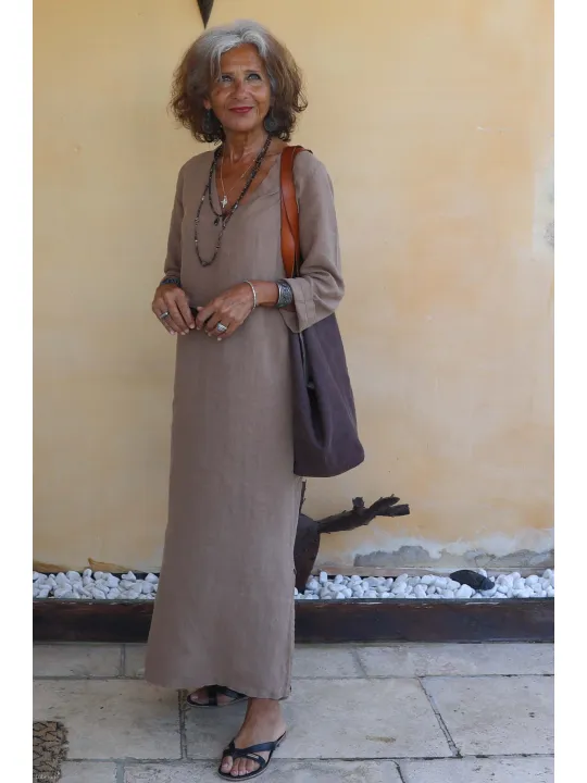 robe-longue-lin-manche-longue-café