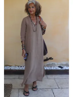 robe-longue-lin-manche-longue-café-face