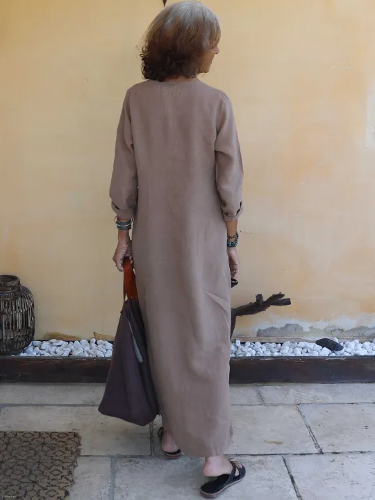 robe-longue-lin-manche-longue-café-dos