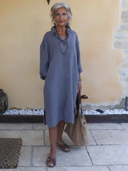 Robe chemise longue avec poche en lin taupe