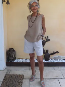 Bermuda femme lin beige élastique