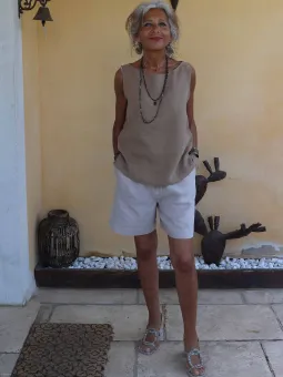 Bermuda femme lin beige élastique face