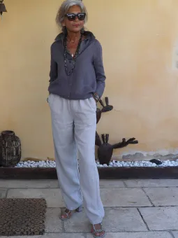 Pantalon lin beige élastique