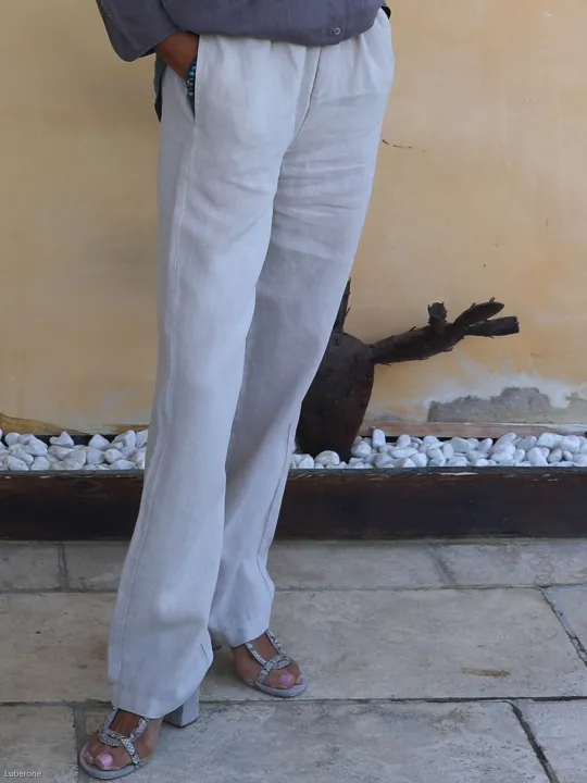 Pantalon lin beige élastique zoom