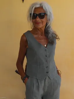 Very lightweight khaki linen vest for women, perfect for summer