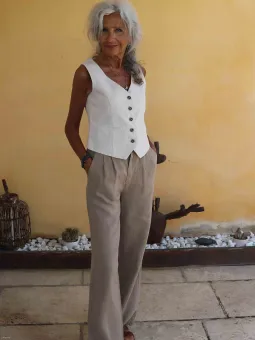gilet en lin pour femme couleur sable style casual pour l'été
