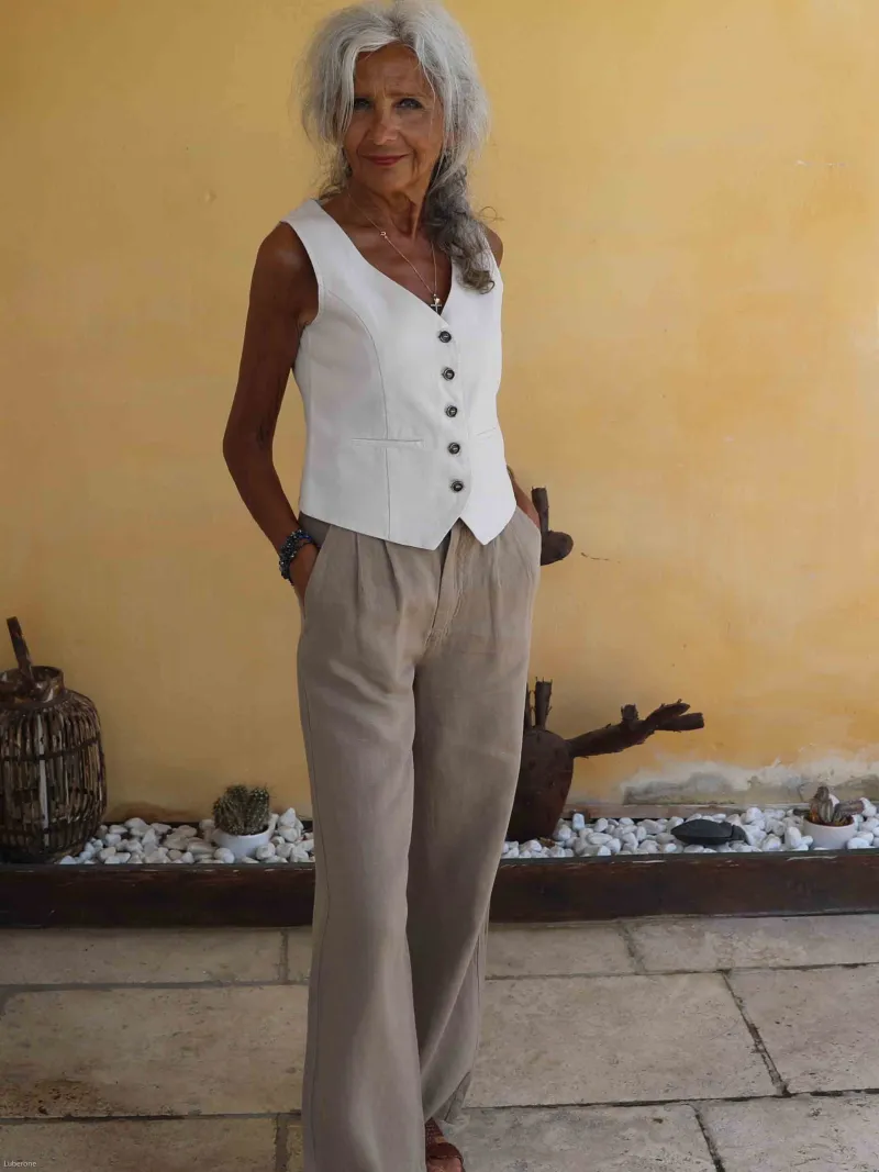 gilet en lin pour femme couleur sable style casual pour l'été