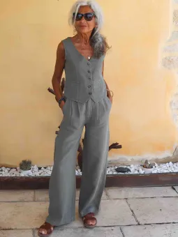 Women's khaki linen pleated pants, elegant style
