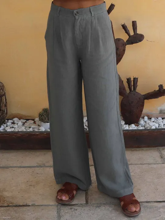 pantalon à pince en lin pour femme kaki léger pour l'été