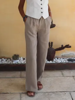 Lightweight beige linen pleated pants for women, perfect for summer