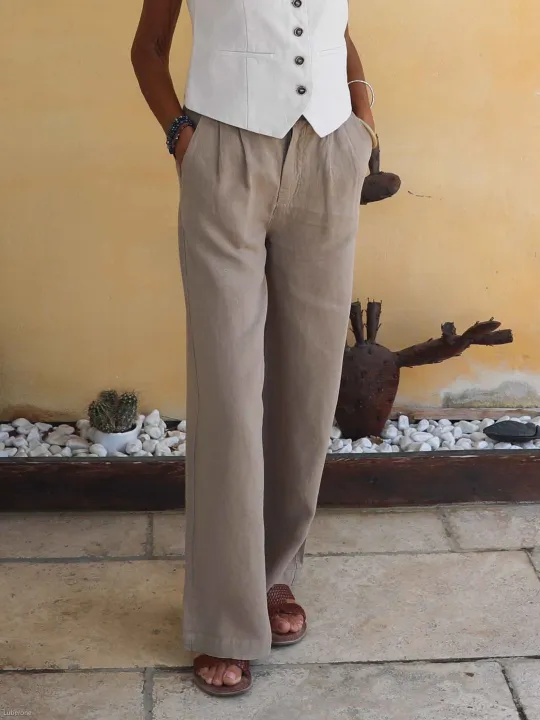 pantalon en lin à pince beige pour femme léger pour l'été