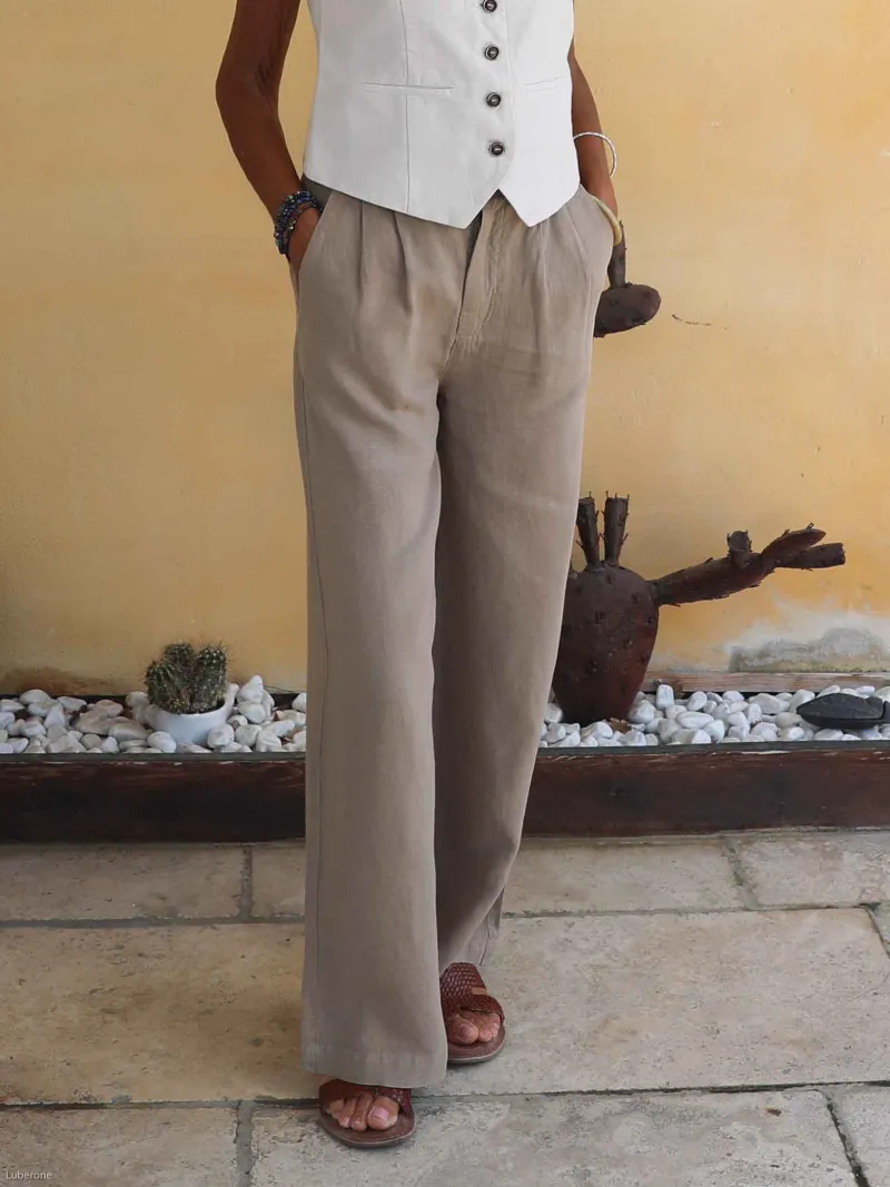 pantalon en lin à pince beige pour femme léger pour l'été