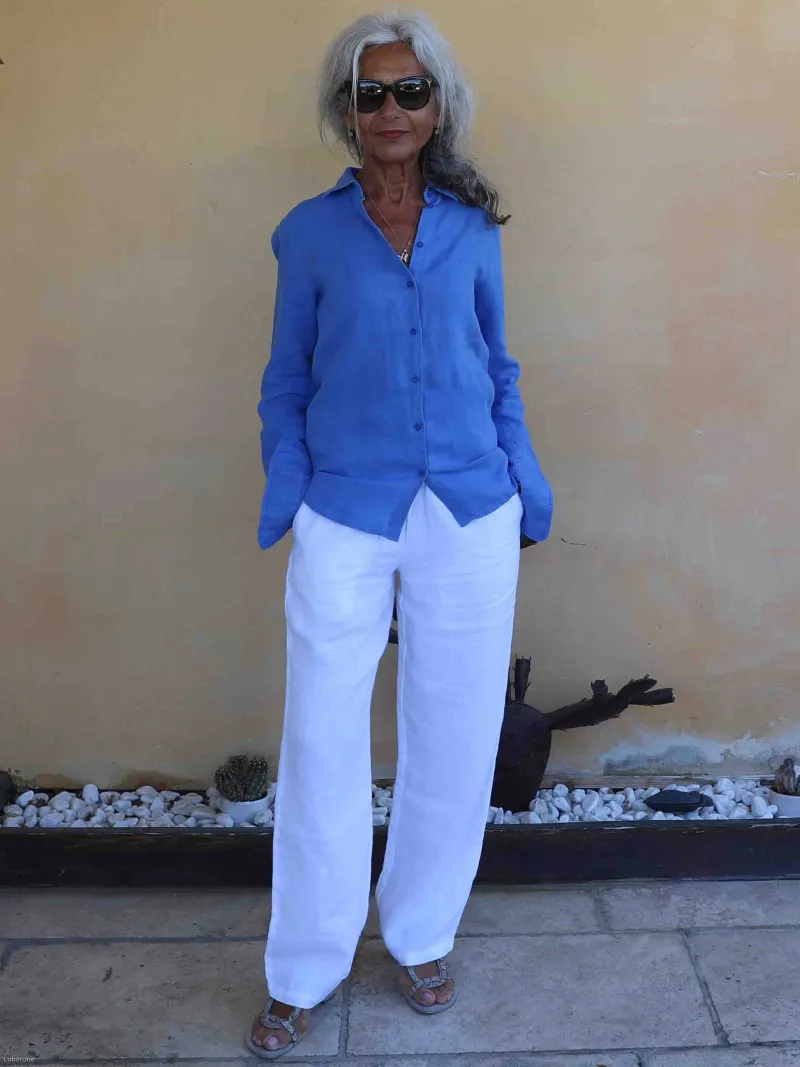 Women's long-sleeved royal blue linen shirt