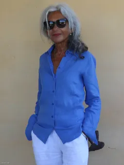 stylish royal blue long-sleeved linen shirt for women