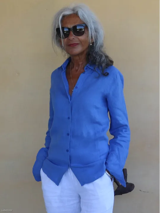 stylish royal blue long-sleeved linen shirt for women