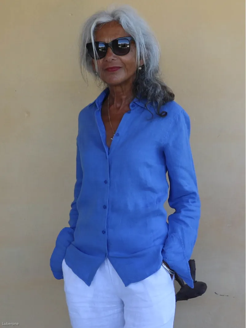 stylish royal blue long-sleeved linen shirt for women