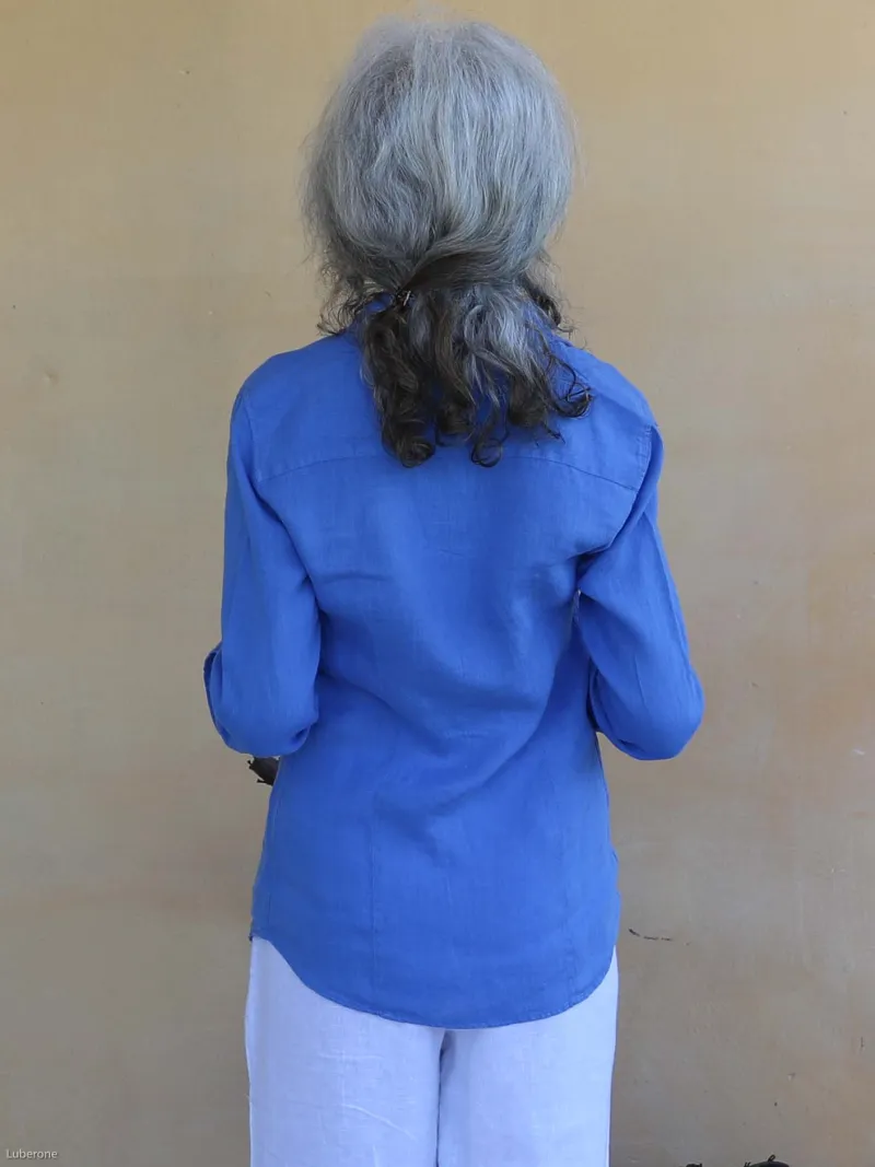chemise en lin pour femme manche longue bleu roi (vue de dos)