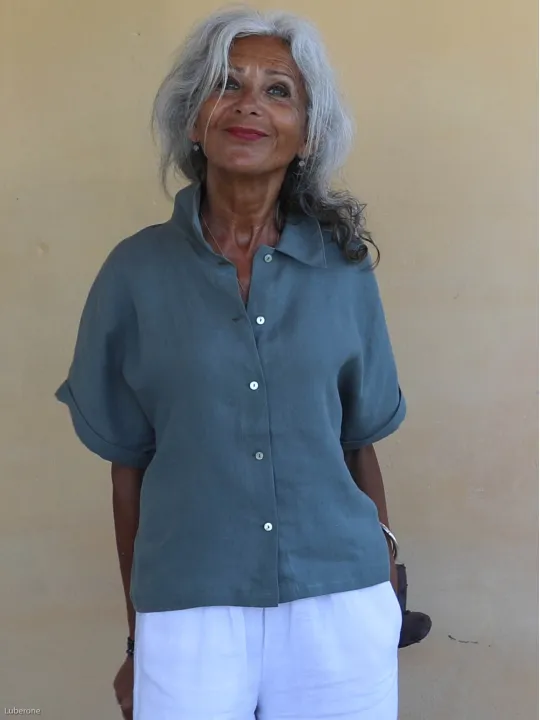 A very elegant khaki-coloured short-sleeved linen shirt for women