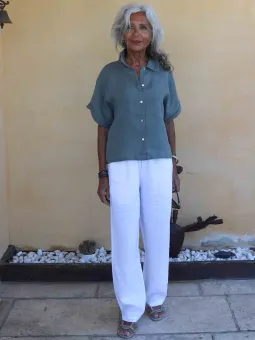 chemise en lin manche courte pour femme couleur kaki léger pour l'été