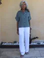 Women’s short-sleeved linen shirt in a light khaki shade for summer