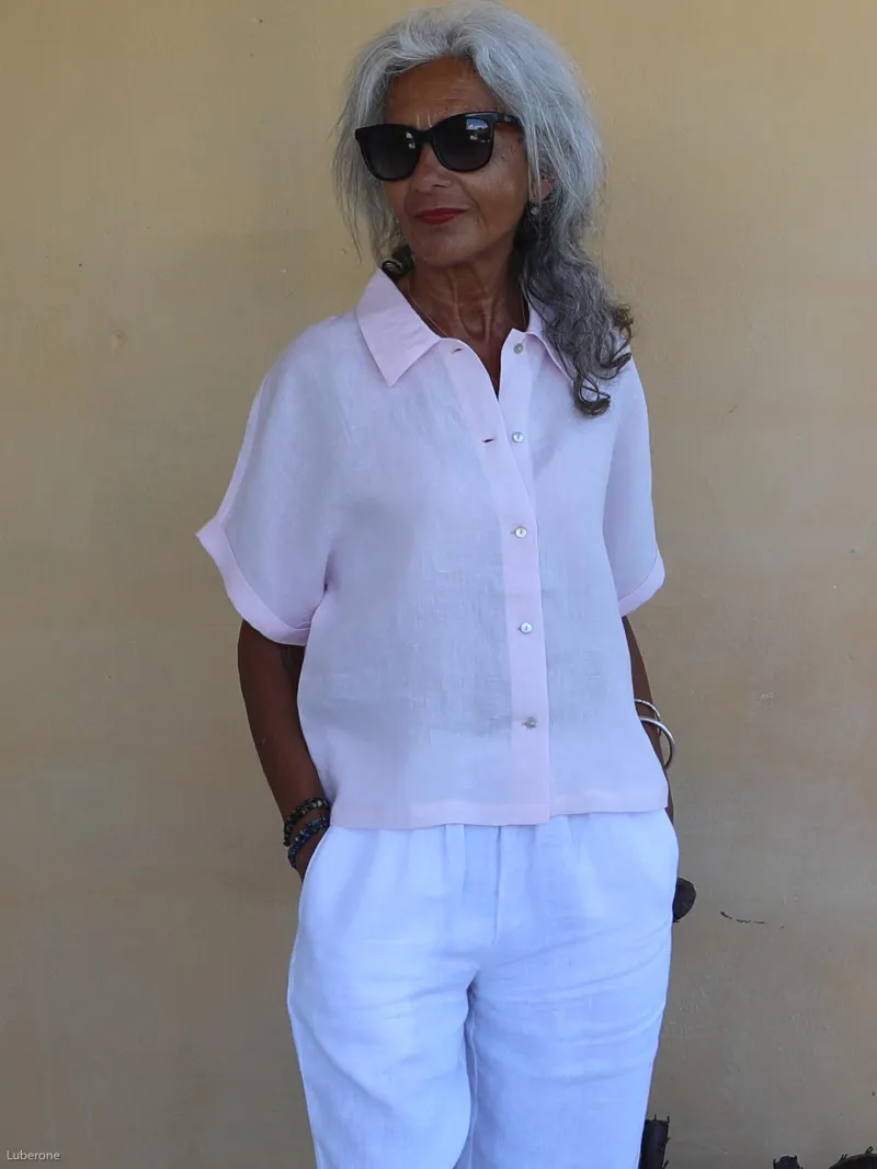 chemise en lin manche courte pour femme couleur rose
