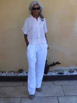 chemise en lin manche courte pour femme couleur rose élégance