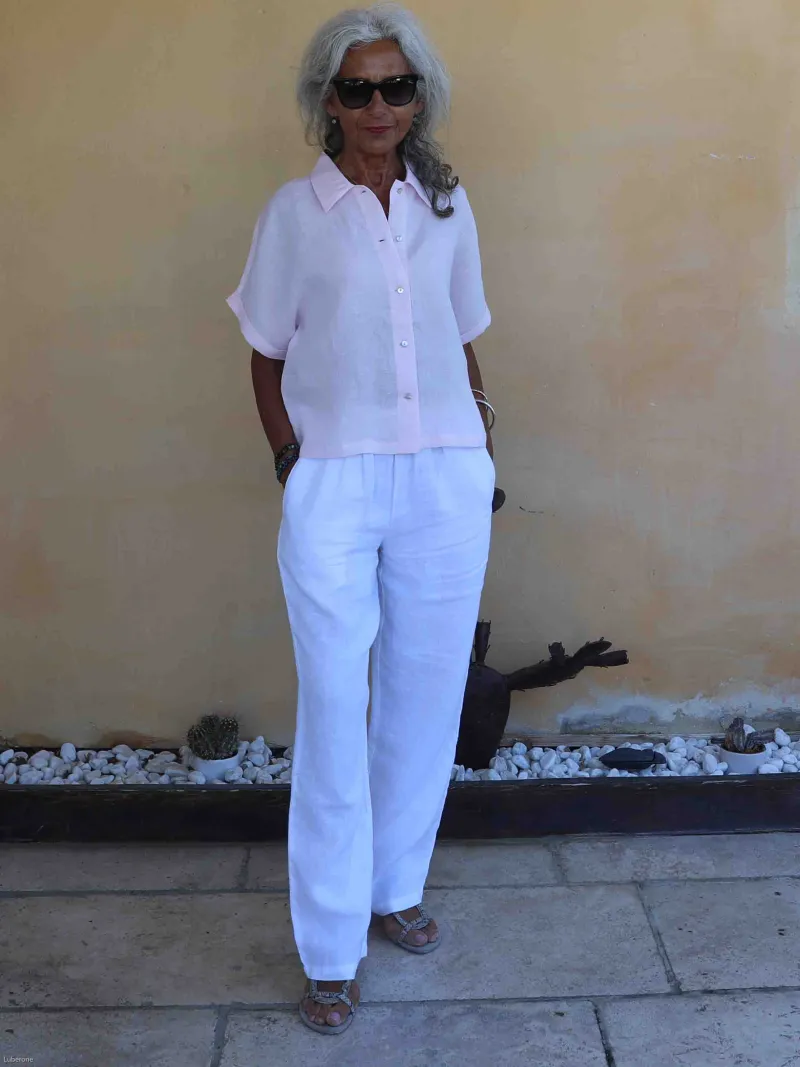 chemise en lin manche courte pour femme couleur rose élégance