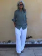 Women's khaki linen shirt with three-quarter sleeves for summer