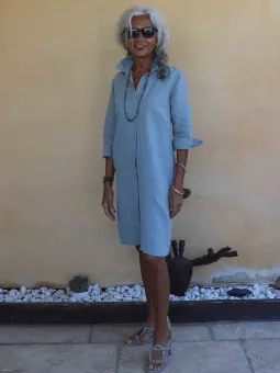 Lightweight, water-grey linen shirt dress for summer