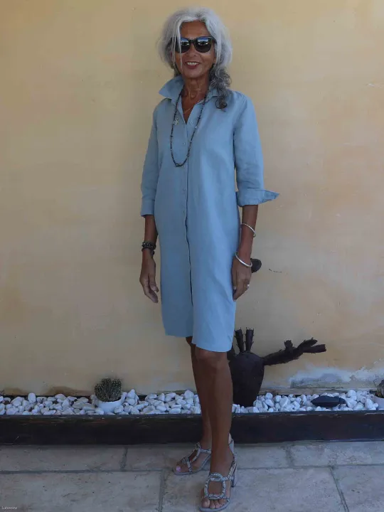 Lightweight, water-grey linen shirt dress for summer