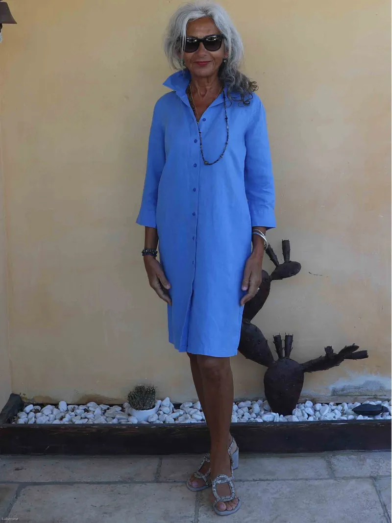 robe chemise en lin couleur bleu roi