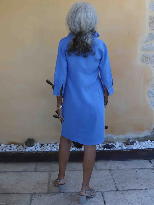 Royal blue linen shirt dress (view from the back)