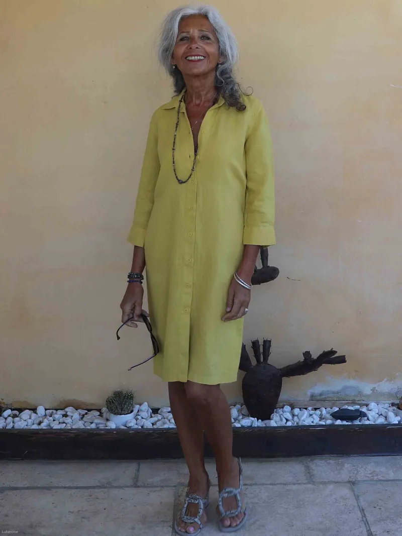 Robe chemise en lin jaune
