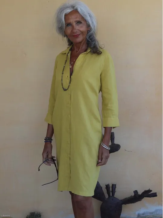 Robe chemise en lin jaune détail