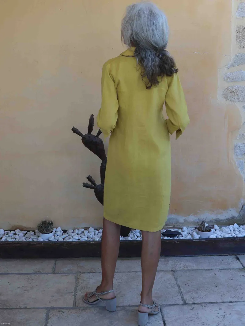 Yellow linen shirt dress (view from the back)