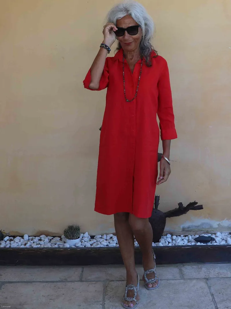 casual red linen shirt dress