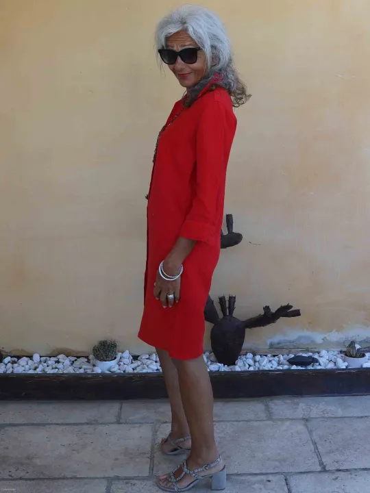 red linen shirt dress (side view)