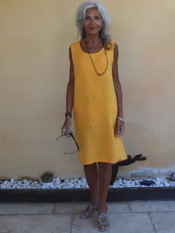 stylish mustard-coloured sleeveless linen dress