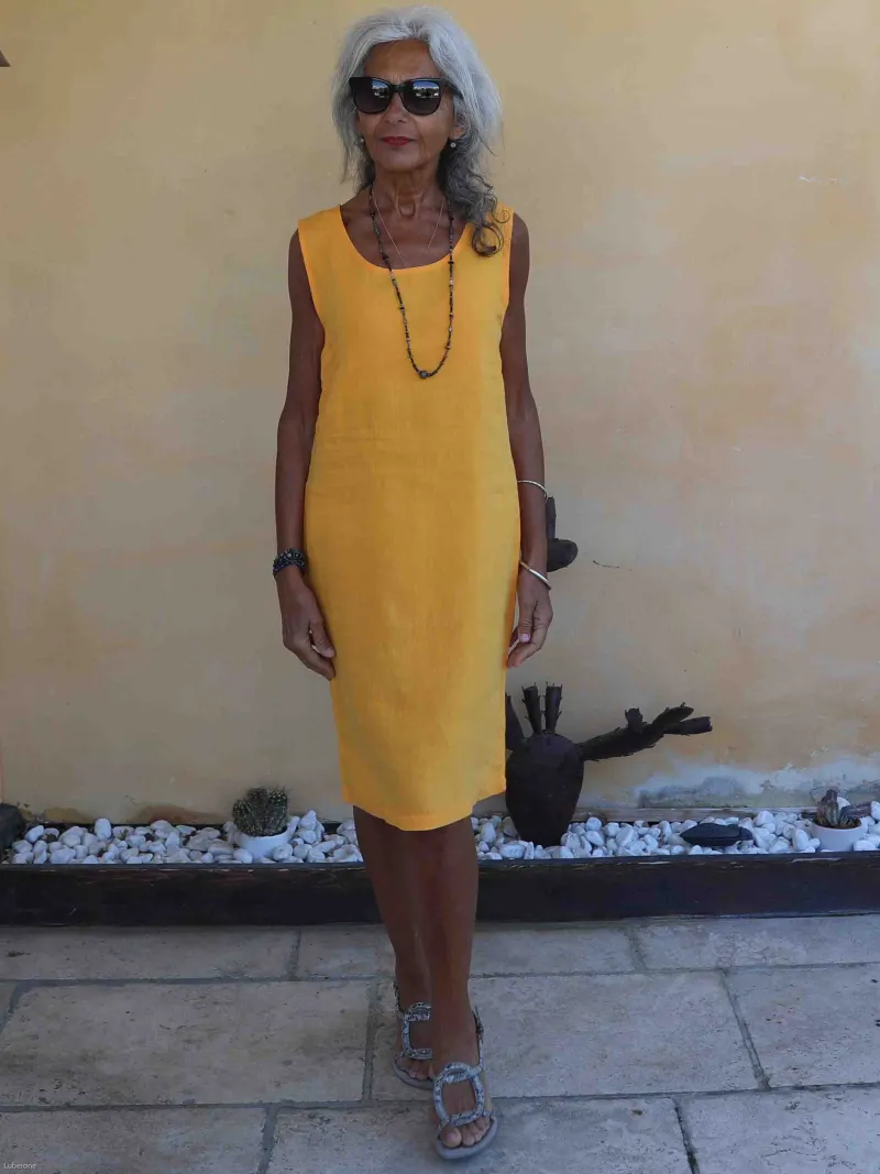 casual mustard-coloured sleeveless linen dress