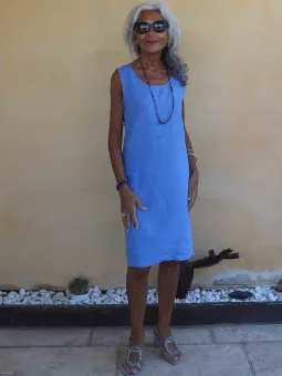 A sleeveless royal blue linen dress for summer