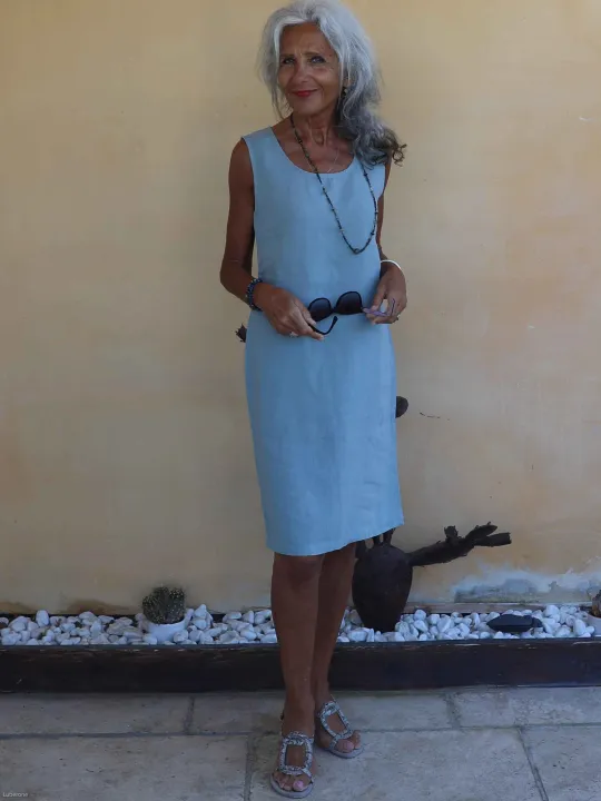 sleeveless grey-green linen dress for summer