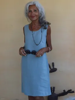 sleeveless linen dress in an elegant and chic grey-green