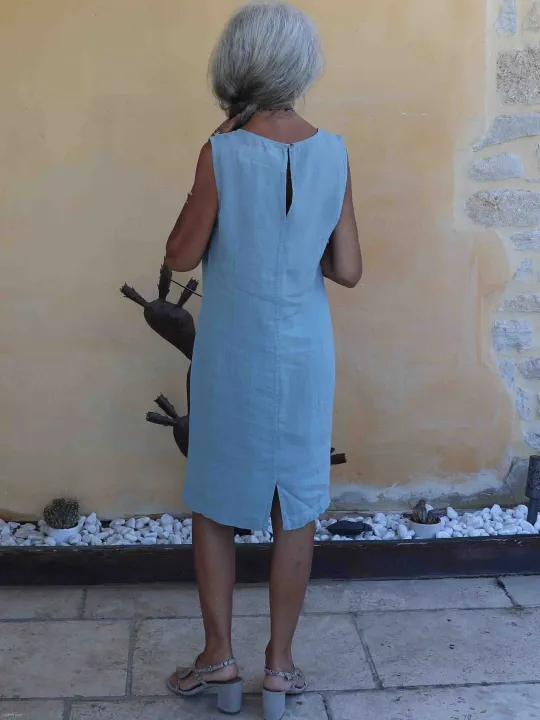 sleeveless linen dress in grey-green (view from the back)