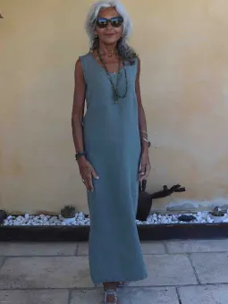long, sleeveless khaki linen dress