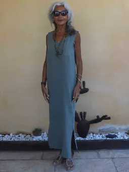 chic sleeveless khaki linen maxi dress