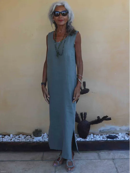 robe longue en lin kaki sans manche chic