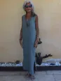 robe longue en lin kaki sans manche chic